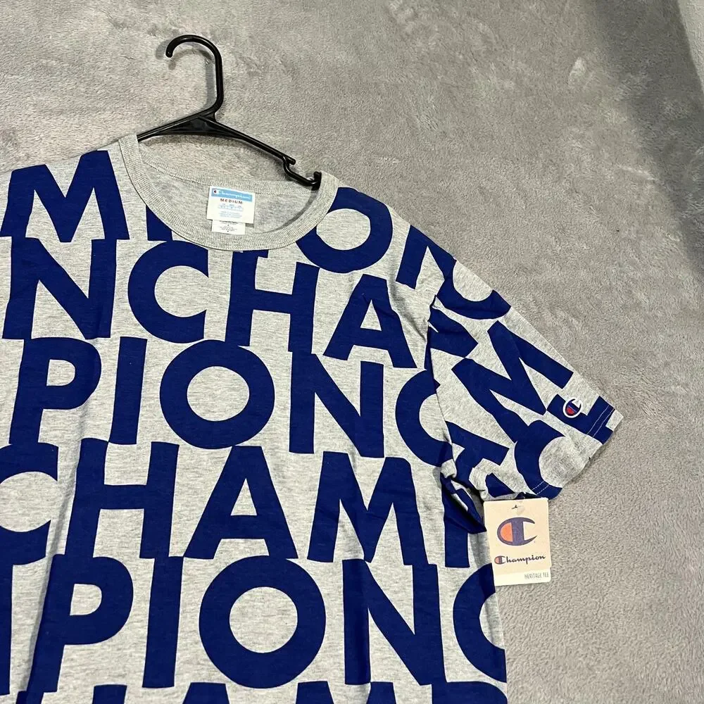Champion Shirt Mens Medium Gray Blue All Over Spell Out Logo Graphic T1919S - Picture 2 of 6